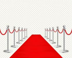 Red carpet and silvery barriers realistic isolated on transparent background. Vector illustration