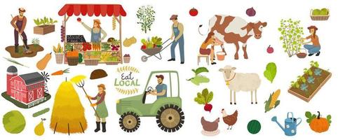 Local organic production icons set. Farmers do agricultural work, planting, gathering crops and sell food. Woman milks a cow and picking berries. Farm animals, fruits and vegetables isolated vector
