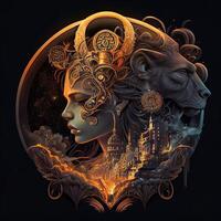 illustration of cyberpunk Zodiac sign with a industrial smoke, mechanic detail on shoulders, pollution, centered inside intricate gold and fire circle of city and Skyscrapers, steam punk photo