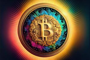 illustration of bit coin bioluminescence, vibrant, dreamy, crepuscular rays, cyberpunk Bitcoin sign with a universal, high tech detail, lighting photo