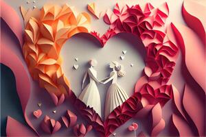 illustration of origami Valentine day background, happy couple, colorful. Paper cut craft, 3d paper style. Neural network generated art. Digitally generated image photo