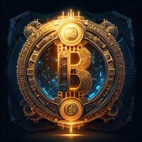 illustration of bit coin bioluminescence, vibrant, dreamy, crepuscular rays, cyberpunk Bitcoin sign with a universal, high tech detail, lighting photo