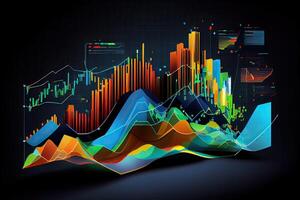 illustration of crypto market data, chart, silhouette crypto currency market, isometric, colorful gradient background photo