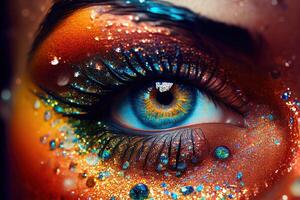 illustration of beautiful female eyes with carnival glass sparkly eyeshadow. Close focus. photo