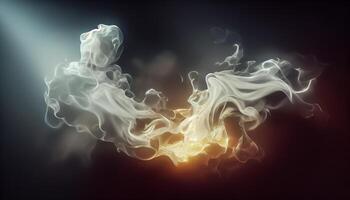 illustration of White curve fog, smoke, clouds, fire and dark background with spotlight. Abstract illustration art. Pattern texture, use for ad, poster and template, business.Digital art photo