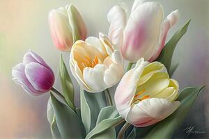 illustration of the luxurious beauty of delicate spring tulips in a range of pastel colors photo