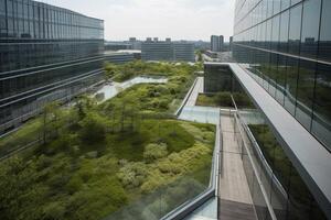 illustration of Gorgeous garden on the rooftop of a contemporary glass office building in Asia photo