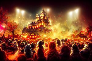 illustration of Colorful halloween indoor party, children playing on night halloween street, creepy castle, american neighborhood background. Digitally generated image. photo