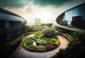 generativo ai ilustración de maravilloso jardín en el techo de un contemporáneo vaso oficina edificio en Asia foto