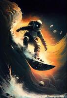 illustration of a space explorer riding a rocket-powered surfboard through an asteroid field, in a digital art style with a galactic color palette photo