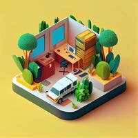 illustration of Office on smart phone, isometric diorama, land plot, pop color, colorful. Digitally generated image photo