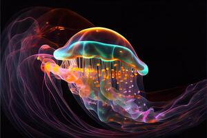 illustration of Glowing sea jellyfishes on dark background, light, magic, sea photo