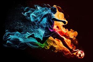 illustration of the essence of a soccer player in motion as they kick a ball with intense energy, surrounded by vibrant colors and splashes photo