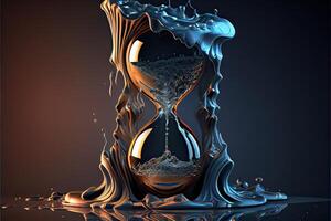 illustration of the illusion of time, a surreal clock made of golden and mercury materials, melting in a distorted and fluid manner photo