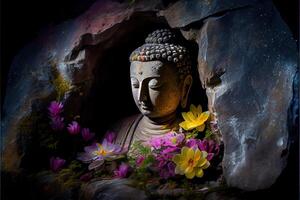 illustration of abstract lifelike buddha, flowers, magic lighting, beautiful metallic and stone colors, detailed, natural lighting, natural environment. Digitally generated image photo