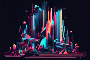 illustration of Future city, surreal neon fantasy abstract in infographic style. Neural network generated art. Digitally generated image. Not based on any actual scene or pattern photo