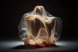 illustration of levitating moving twisting translucent cloth covering glowing objects in dark background photo