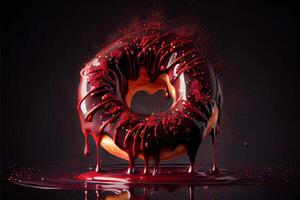 illustration of oil splatters, giant glistening doughnut, dark red candy apple, over top and dripping down sides, floating in black back drop. Digitally generated image photo