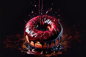 illustration of oil splatters, giant glistening doughnut, dark red candy apple, over top and dripping down sides, floating in black back drop. Digitally generated image photo