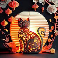 illustration of Paper cut craft, quilling multi dimensional Vietnamese style, cute zodiac kitty cat with lanterns in background, chinese new year. 3d paper illustration style. photo