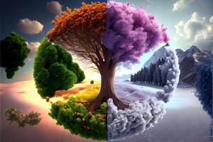 illustration of the four temporal seasons in one face, one frame, one tree. Nature concept. Digitally generated image photo