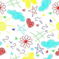 Seamless pattern with hand drawn in children style  flowers, stars, hearts, sun, clouds, on white background. vector