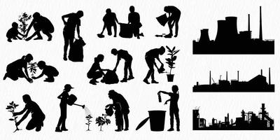 A set of silhouettes inspired by Earth Day and Environment Day, with people watering plants, planting trees, collecting rubbish for recycling, and large corporations that contribute to air pollution. vector