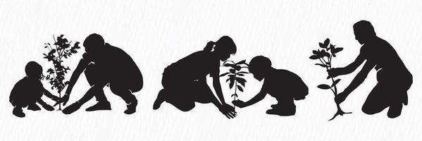 A silhouette of a family planting a tree vector