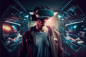 illustration of an enthusiastic young men wearing virtual reality goggles is inside the metaverse. Metaverse concept and virtual world elements. Neural network art photo