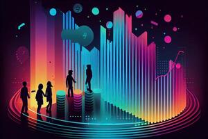 illustration of crypto market data, chart, silhouette crypto currency market, isometric, colorful gradient background photo