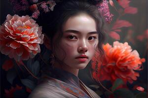 generativo ai ilustración de asiático mujer con flores concepto Arte. chino digital arte, estilo foto