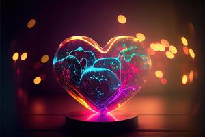 illustration of love heart neon light, decor, bright light, romantic. Love and valentine day concept. Neural network generated art. Digitally generated image. photo