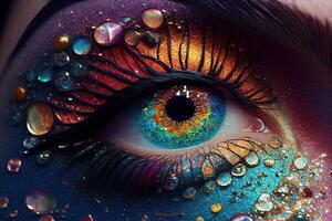 illustration of beautiful female eyes with carnival glass sparkly eyeshadow. Close focus. photo