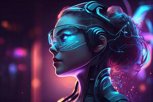 illustration of Metaverse concept and virtual world elements. Side view of human face in augmented or virtual reality headset inside the metaverse photo