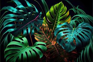 generativo ai ilustración de oscuro verde tropical hojas vistoso neón luz, iluminar desde el fondo, hojas composición, planta fondo, manstera, palma hojas foto