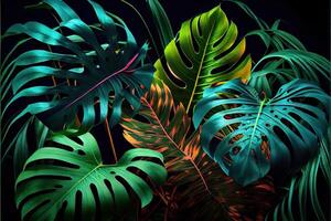 illustration of Dark green tropical leaves colorful neon light, backlight, leaves composition, plant background, manstera, palm leaves photo