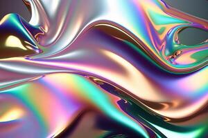 illustration of holographic liquid background. Holographic iridescent backdrop. Pearlescent gradient and foil effect for design prints. Rainbow metal photo