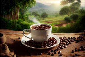 illustration of Cup of coffee and coffee beans on old wooden table and the plantations tea hill background photo