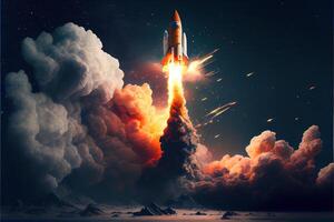 illustration of Rocket takes off into space, sparks, smoke, smog photo