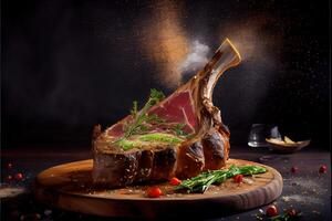 illustration of freshly grilled tomahawk steaks on wooden cutting board, superbly delicious tomahawk steak, barbecue photo