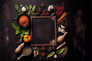 illustration of wide variety spices and herbs on background of black table, with empty space photo