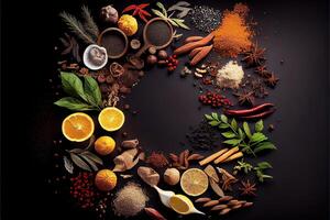 illustration of wide variety spices and herbs on background of black table, with empty space photo