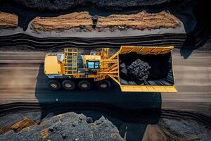 illustration of an aerial panorama of an anthracite coal mine, showcasing a big yellow mining truck collecting rocks in an open pit mine photo