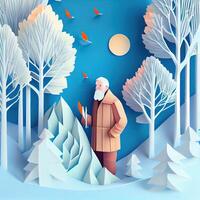 illustration of origami winter background, joyful elderly, colorful. Paper cut craft, 3d paper illustration style. Neural network generated art. photo