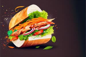 generativo ai ilustración de banh mi Vietnam pan, alimento, estudio, asiático, vietnamita emparedado , vietnamita alimento, Copiar espacio foto