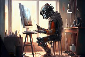 illustration of Cyborg Ai robot artist in dark studio next to his easel, painting and paints while working, neural network generated art. Digitally painting, generated image. photo