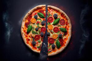 illustration of Homemade pizza with tomato and olives on dark stone background photo