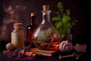 illustration of the ingredients of a flower vase arranged for a witch's cookbook. Herbs, bottles, vials, terracotta mixing pot photo