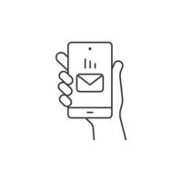 Hand hold smartphone, email send, new message notification line icon. Phone message outline icon. Isolated vector