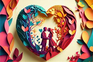 illustration of origami Valentine day background, happy couple, colorful. Paper cut craft, 3d paper style. Neural network generated art. Digitally generated image photo